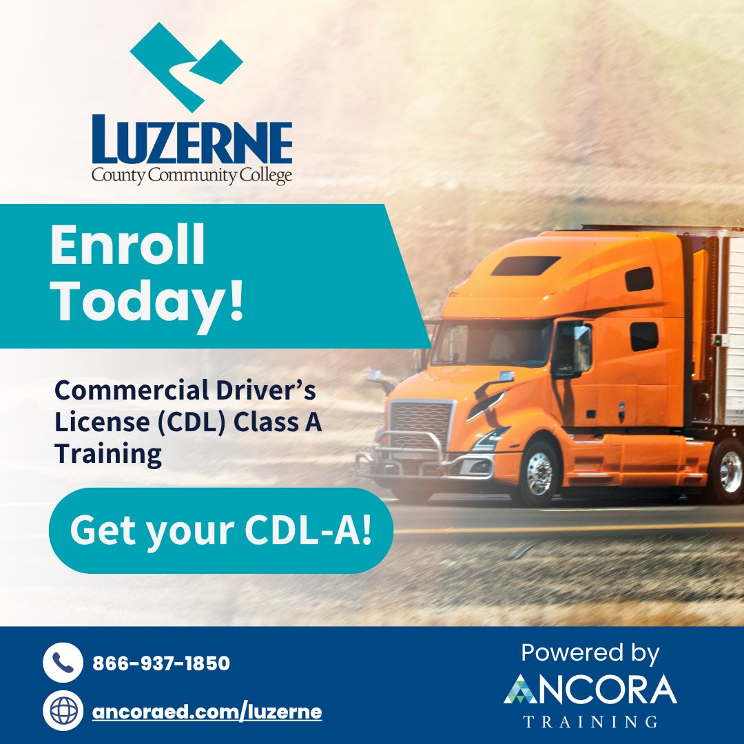 LuzerneCC's tweet image. Luzerne County Community College is revving up its new Commercial Driver’s License (CDL) Training course. In partnership with Ancona Education, this fast-track program is designed to help you get your CDL-A in a little as 4 weeks.
Visit: ancoraed.com/luzerne for more!