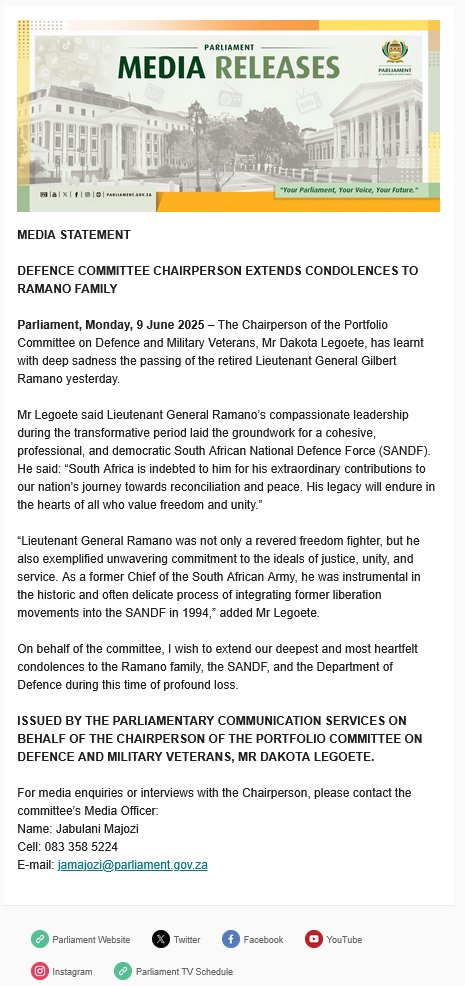 Defence Cluster Parliament of RSA (@defencecluster) on Twitter photo MEDIA STATEMENT
DEFENCE COMMITTEE CHAIRPERSON EXTENDS CONDOLENCES TO RAMANO FAMILY
mailchi.mp/77bdccea4ede/d…
<a href="/ParliamentofRSA/">Parliament of RSA</a> <a href="/HealthSocClust/">Health-and-social-Cluster</a> <a href="/FinanceCluster/">Finance-Cluster</a> <a href="/GovernanceClus1/">Governance-Cluster</a> <a href="/SANDF_ZA/">SA National Defence Force 🇿🇦</a> MEDIA STATEMENT
DEFENCE COMMITTEE CHAIRPERSON EXTENDS CONDOLENCES TO RAMANO FAMILY
mailchi.mp/77bdccea4ede/d…
<a href="/ParliamentofRSA/">Parliament of RSA</a> <a href="/HealthSocClust/">Health-and-social-Cluster</a> <a href="/FinanceCluster/">Finance-Cluster</a> <a href="/GovernanceClus1/">Governance-Cluster</a> <a href="/SANDF_ZA/">SA National Defence Force 🇿🇦</a>