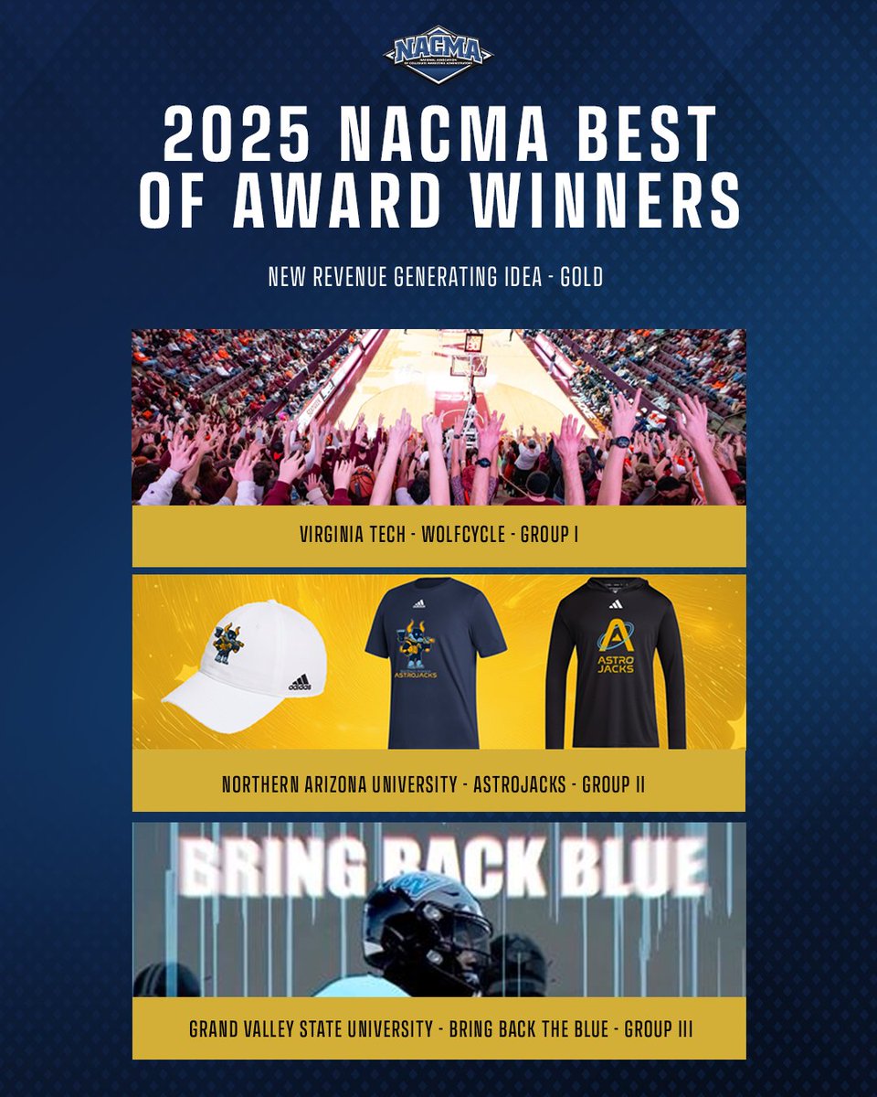 NACMA News (@nacmanews) on Twitter photo Congratulations to our 2024-25 NACMA "Best Of" Awards Gold Winners for New Revenue Generating Idea!
Group I – <a href="/hokiesports/">HokieSports</a>
Group II – <a href="/NAUAthletics/">NAU Athletics</a>
Group III – <a href="/gvsulakers/">GVSU Lakers</a>
#NACMA25 Congratulations to our 2024-25 NACMA "Best Of" Awards Gold Winners for New Revenue Generating Idea!
Group I – <a href="/hokiesports/">HokieSports</a>
Group II – <a href="/NAUAthletics/">NAU Athletics</a>
Group III – <a href="/gvsulakers/">GVSU Lakers</a>
#NACMA25