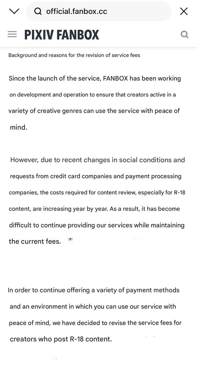 Another manifestation of credit card/payment processor hijinks. While PIXIV FANBOX can still handle NSFW content, rising "content screening/review costs" suggest a different angle in trying to force censorship, through making it financially untenable for platforms.