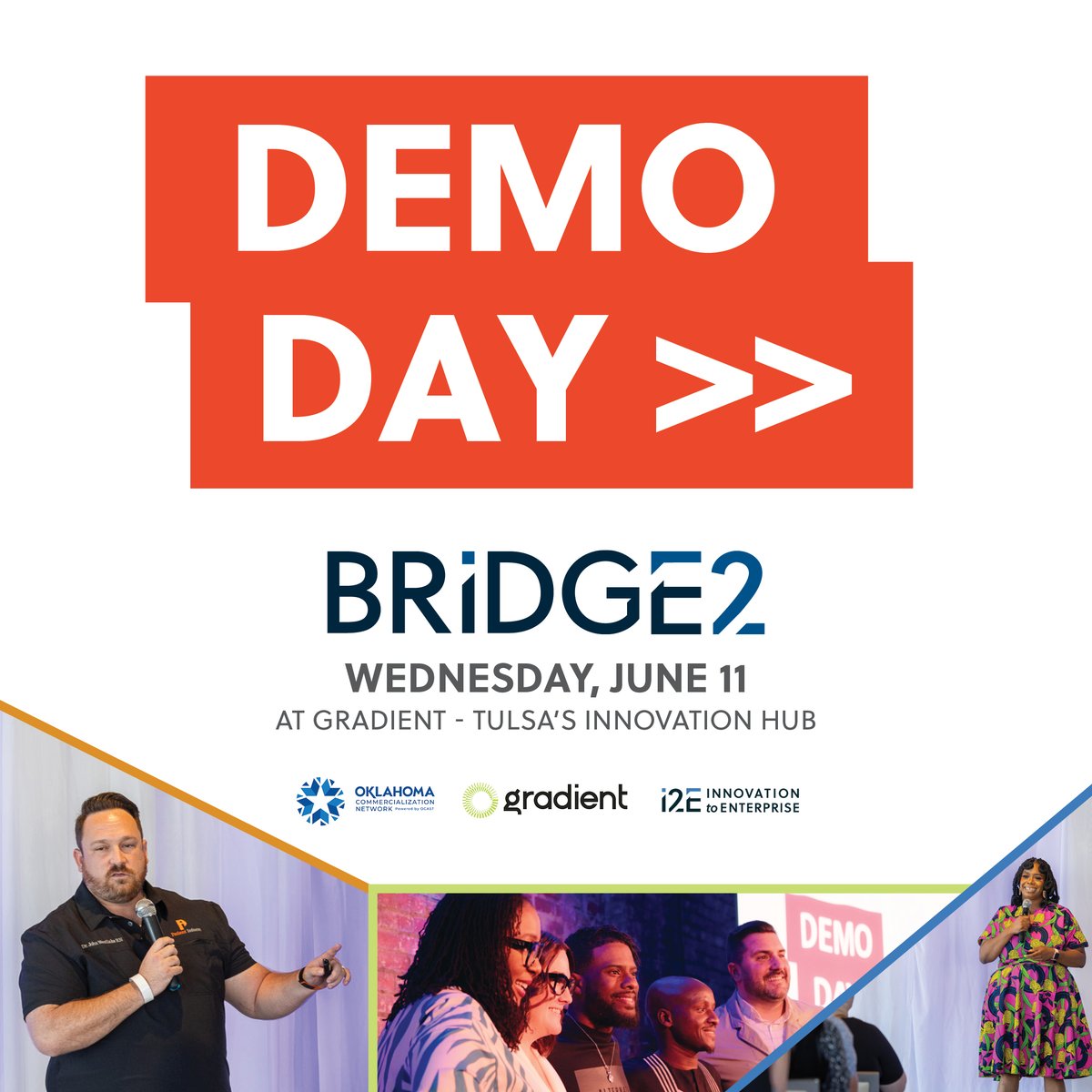 🚀 Join us for Bridge2 Demo Day on June 11 in Tulsa!

Hosted by Gradient, i2E, and the Oklahoma Commercialization Network (OCN), Powered by OCAST

📍 Gradient | 🕔 5 PM doors | 🎤 6 PM pitches
Hosted by @i2E_Org, @OCN_Oklahoma &amp; Gradient
