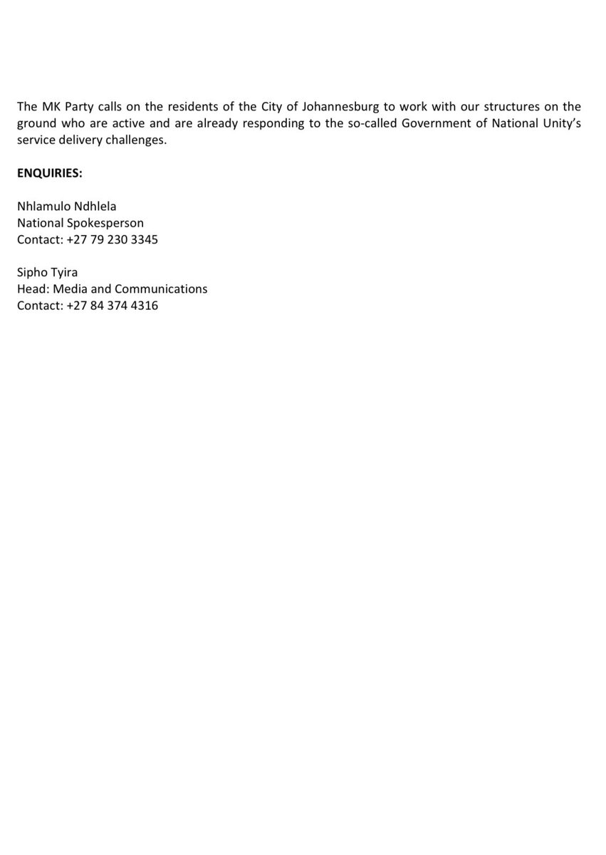 [MEDIA STATEMENT]: UMKHONTO WESIZWE PARTY REJECTS HELEN ZILLE AS COJ MAYORAL CANDIDATE.