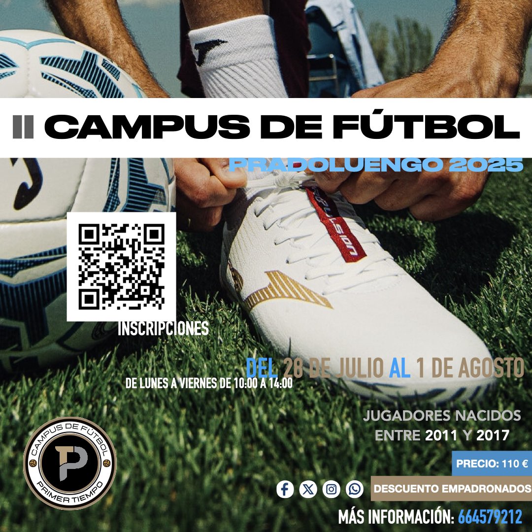 ⚽️⚽️⚽️ II CAMPUS DE FÚTBOL PRIMER TIEMPO "Pradoluengo" ⚽️⚽️⚽️

📣 Estamos aquí otro año más para presentaros nuestro campus de fútbol en Pradoluengo. 
Tenemos muchas ganas de veros! 😍

• 📋 Ya podéis inscribiros en: forms.gle/dGCepHu4YtcPKh… 

#SomosDeporte #SomosFutbol