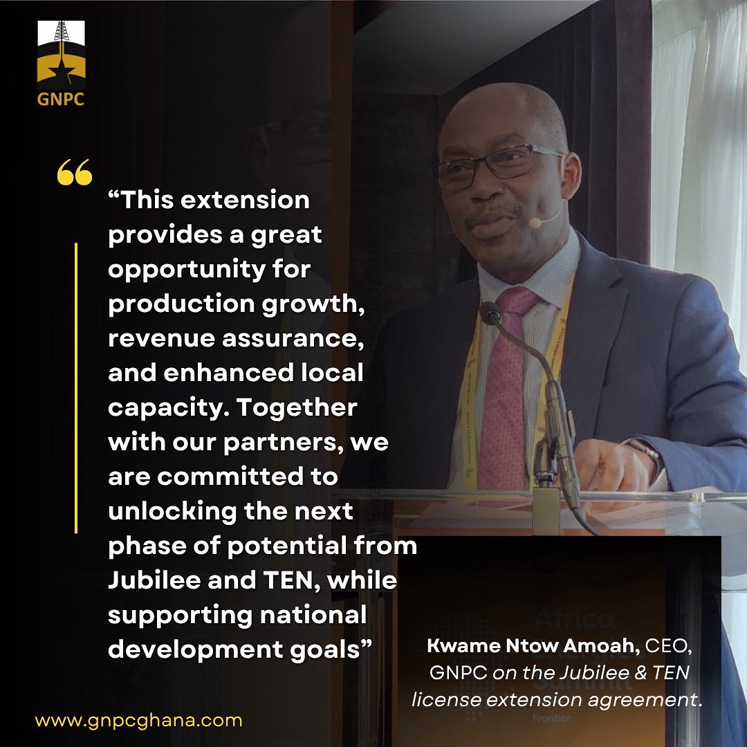 CEOofGNPC's tweet image. I’m pleased to reaffirm our commitment at @GNPCGhana to production growth, revenue assurance, and local capacity as we extend the Jubilee &amp;amp; TEN licenses with our partners. 

The next phase starts now.

#JubileeTEN #EmpoweringDreams