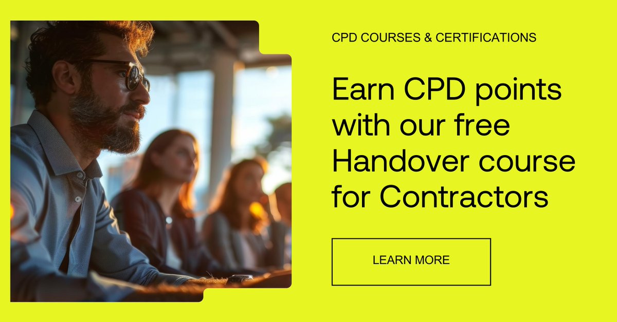 👨‍🎓 Earn CPD points with our free handover course for contractors.

Available as a live webinar or face-to-face, tailored to your organisation. CPD points included. 

👉 Find out more here: bit.ly/3SHVCXm

#ConstructionProjectHandover #ConTech #ConstructionTechnology