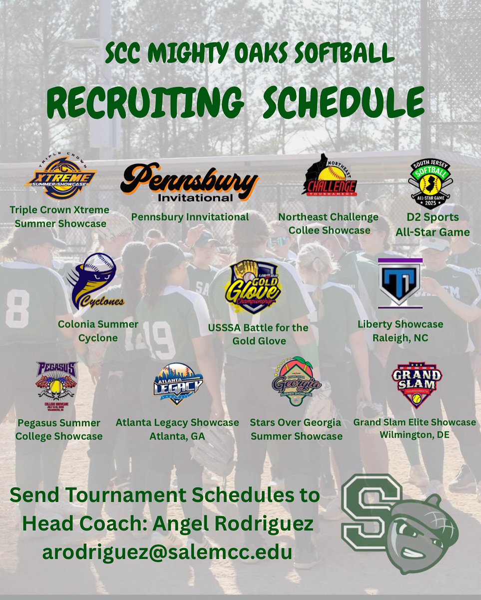 SalemCC_softball (@sccsoftball1) on Twitter photo The SCC coaching staff will be out recruiting this summer, looking for future Mighty Oaks! ๐ช๐ฅ
Send schedule or tournamentscto Head Coach Angel Rodriguez - arodriguez@salemcc.edu
#FeartheAcorn #jucoathlete #WhyNotUs #MightyOaks The SCC coaching staff will be out recruiting this summer, looking for future Mighty Oaks! ๐ช๐ฅ
Send schedule or tournamentscto Head Coach Angel Rodriguez - arodriguez@salemcc.edu
#FeartheAcorn #jucoathlete #WhyNotUs #MightyOaks