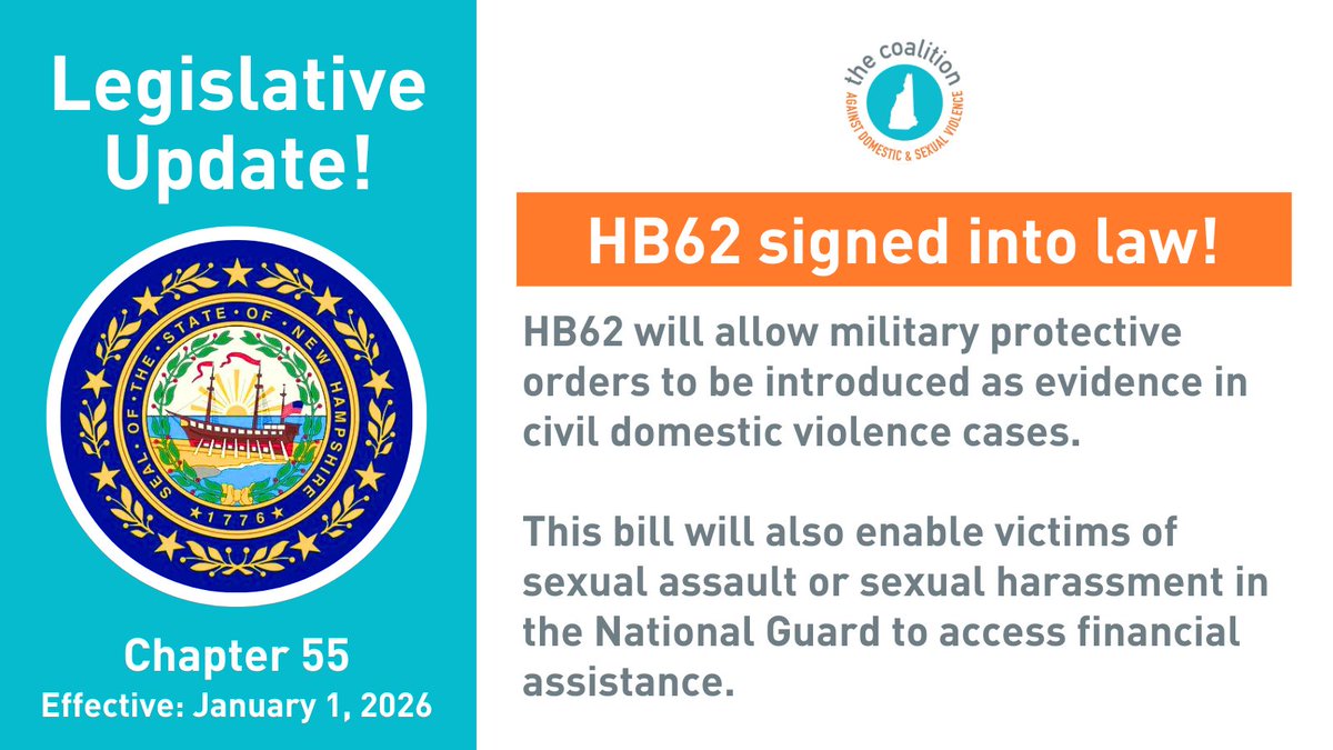 Great News! HB62 was signed into law! This bill will ensure that survivors in the military have the same access to services and legal relief as civilian survivors. #NHPolitics