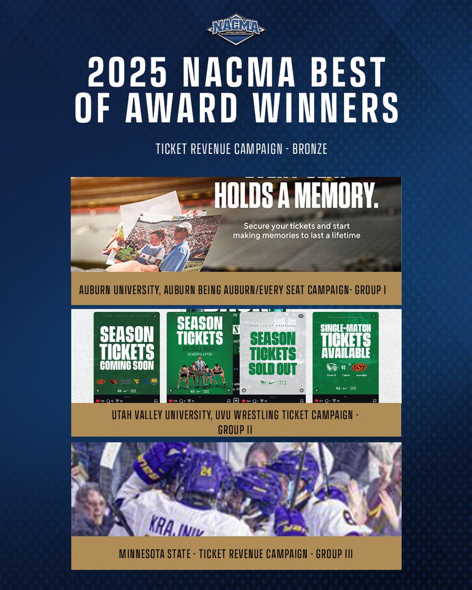 NACMA News (@nacmanews) on Twitter photo Congratulations to our 2024-25 NACMA "Best Of" Awards Bronze Winners for Ticket Revenue Campaign!
Group I – <a href="/AuburnTigers/">Auburn Tigers</a>
Group II – <a href="/GoUVU/">UVU Wolverines</a>
Group III – <a href="/MinnStAthletics/">Minn. St. Athletics</a>
#NACMA25 Congratulations to our 2024-25 NACMA "Best Of" Awards Bronze Winners for Ticket Revenue Campaign!
Group I – <a href="/AuburnTigers/">Auburn Tigers</a>
Group II – <a href="/GoUVU/">UVU Wolverines</a>
Group III – <a href="/MinnStAthletics/">Minn. St. Athletics</a>
#NACMA25