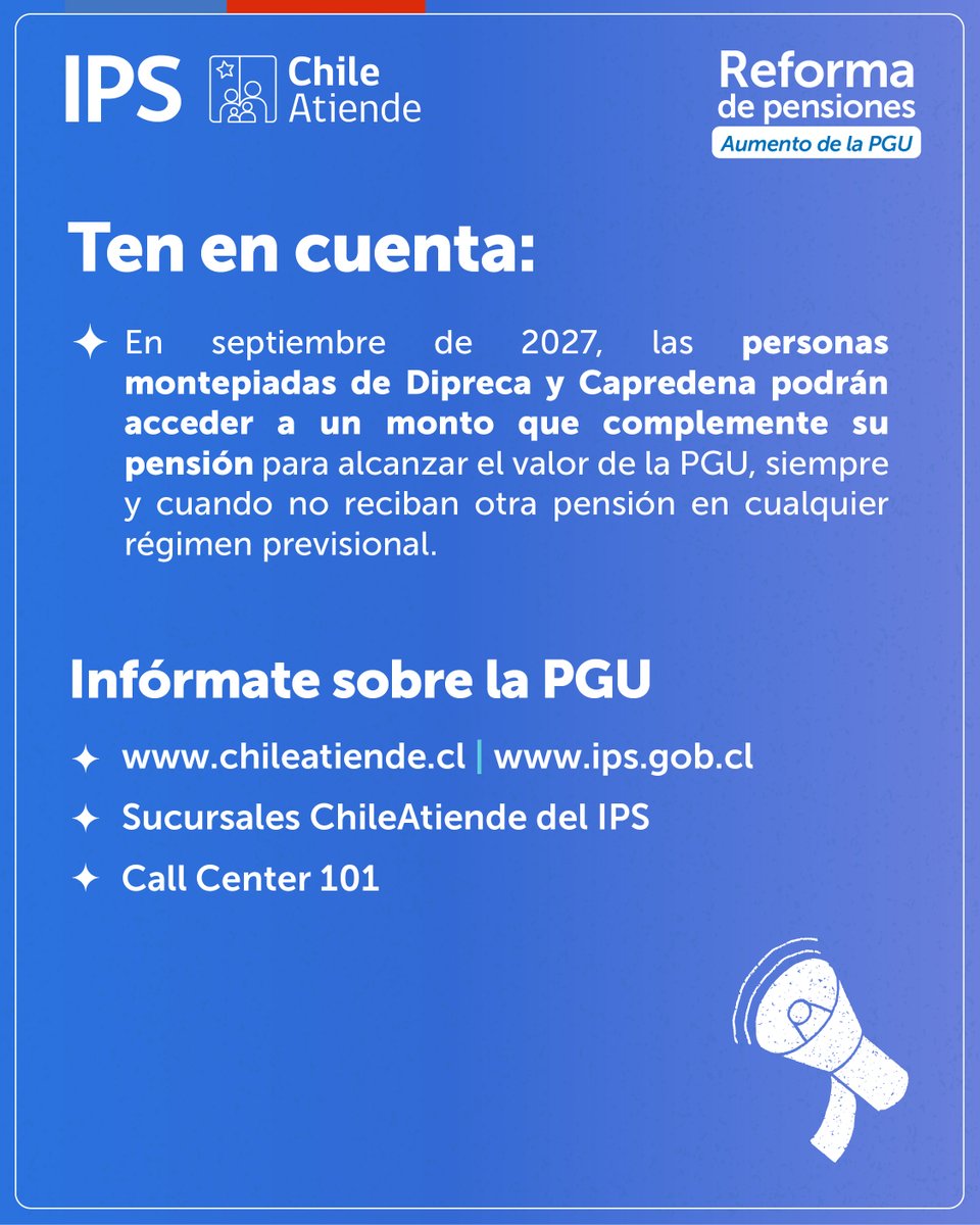 ¿Sabías que a partir de septiembre de 2025 aumentará el monto de la Pensión Garantizada Universal (PGU)? 

❤️  Con la Reforma de Pensiones pasará de💲224.004 a un máximo de💲250.000 📆. El cambio será por etapas y dependerá de tu edad ✅.

Conoce más 👉 tinyurl.com/46c7wpx7