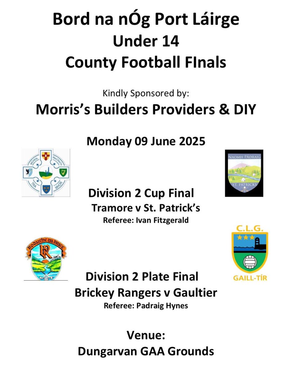 After an exciting day of action yesterday, it continues this evening with two more <a href="/DeiseUnderage/">Bord na nÓg Port Lairge</a> <a href="/MorrisDIY/">Morris's Waterford</a> sponsored U-14 Co. Football C'ship FINALS down for decision in <a href="/clgdungarvan/">Dungarvan G.A.A</a> 👍✅️🏐

universe.com/events/bord-na… (LINK to purchase tickets), <a href="/WaterfordGAACG/">Déise Óg Waterford</a> <a href="/WaterfordGAA/">Waterford GAA</a>