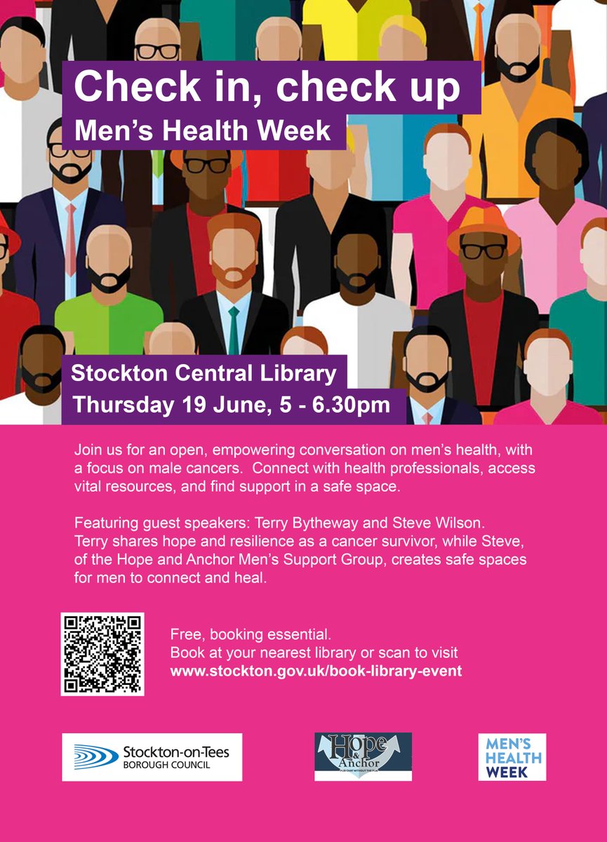 Join us at #StocktonCentralLibrary on Thursday 19 June, 5pm for an open talk on Men’s Health, focusing on male cancers. Book a free place at stockton.gov.uk/book-library-e… or call 01642 526521 #MensHealthWeek