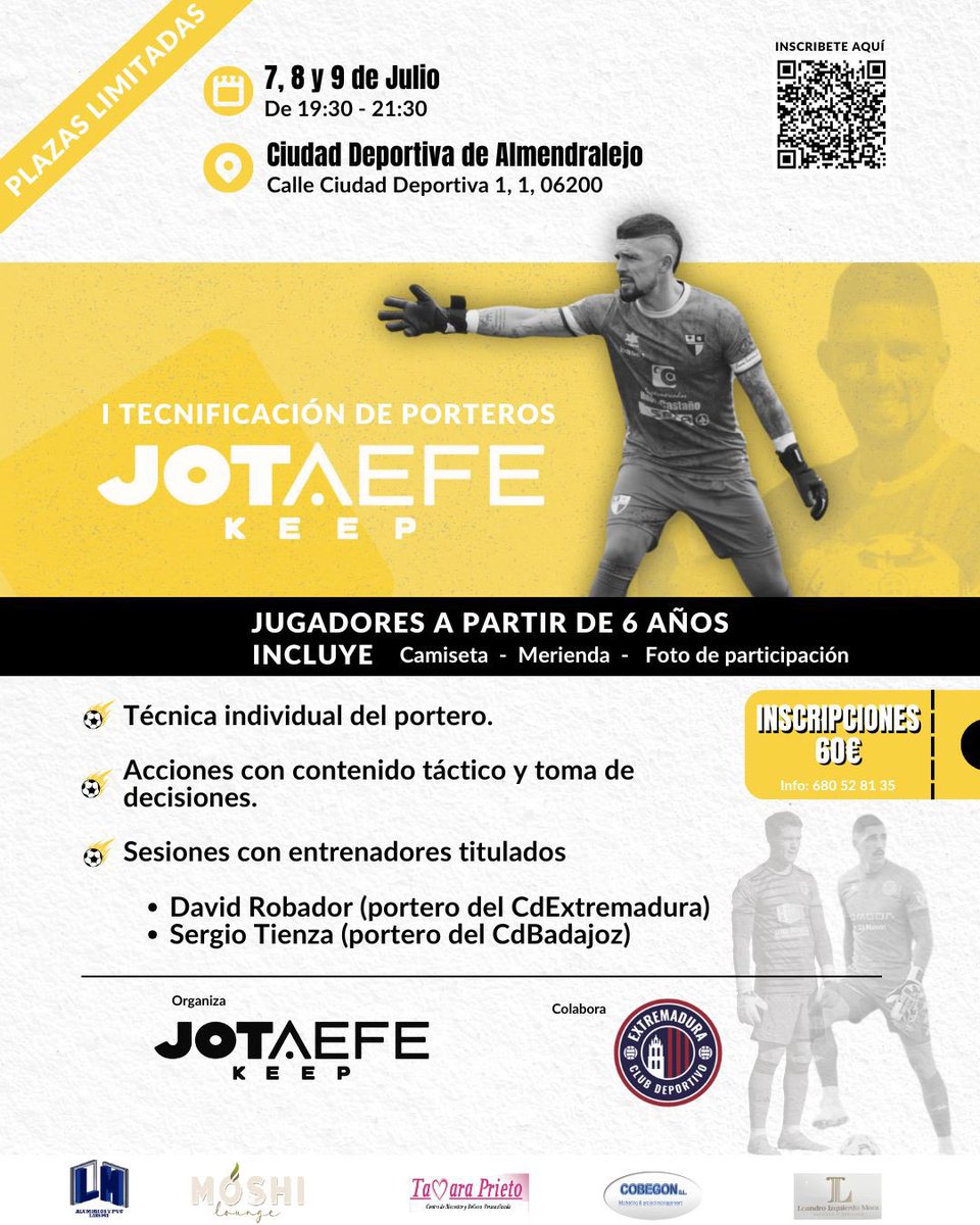 🧤⚽️ Os presento la “ I Tecnificación de Porteros Jotaefekeep” . 
Tendrá lugar en la ciudad deportiva de Almendralejo (campo de césped natural) y contaremos con entrenadores titulados al cargo de los porter@s. Serán los días 7,8 y 9 de julio en horario de 19:30 a 21:30.