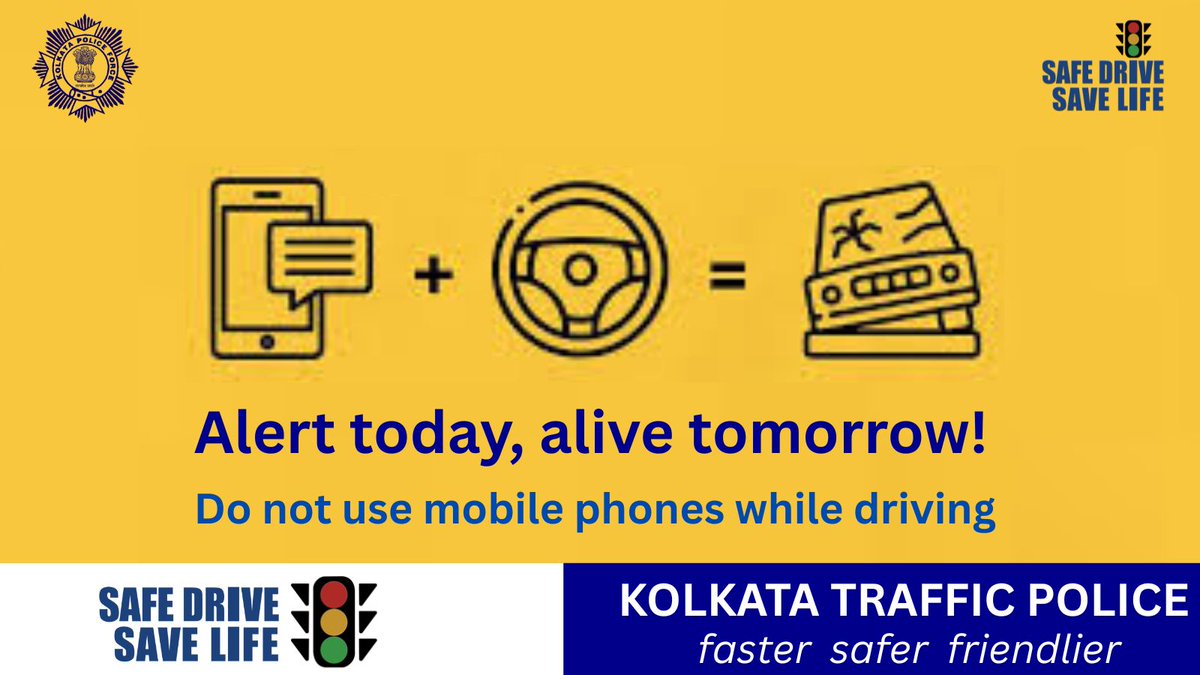 No phone:safe zone! Don't let mobile phone kill your life.

#SayNoToMobileWhileDriving
 #FollowTrafficRules #KolkataTrafficPolice #Awareness #SafetyFirst #SafeDriveSaveLife