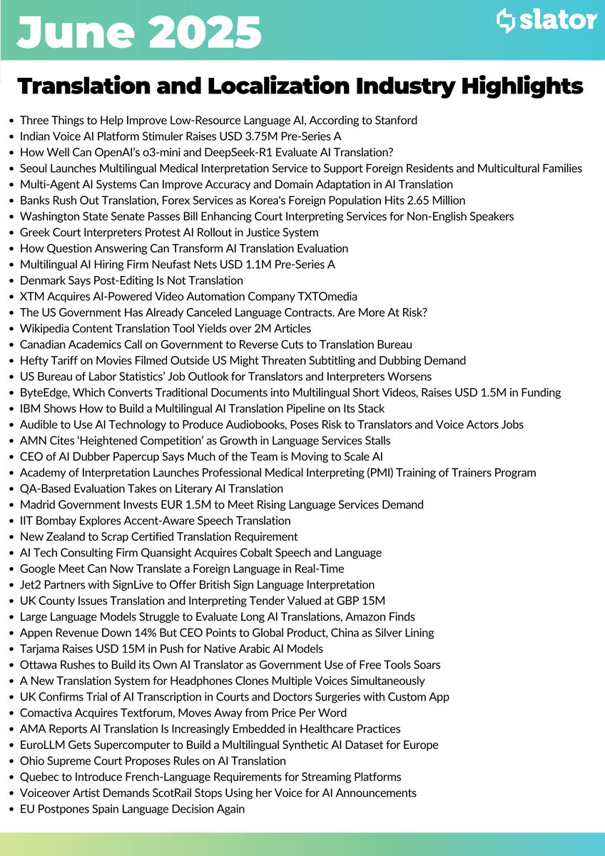 Check out Slator’s Monthly Highlights 👉 EU Postpones Spain Language Decision Again and Hefty Tariff on Movies Filmed Outside US Might Threaten #Subtitling and #Dubbing Demand were among this month's top stories. Here's what else happened in the language industry 🤩
#translation