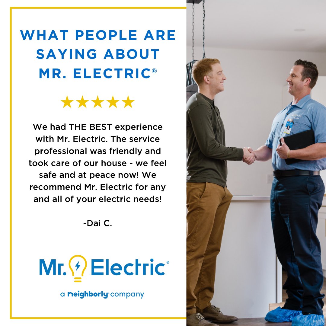 ⭐️⭐️⭐️⭐️⭐️

At Mr. Electric®, we’re proud to deliver reliable, top-notch service that keeps your home safe, efficient, and powered up all summer long.

Thank you to everyone who takes the time to share their experience—it means the world to our team! 🙌