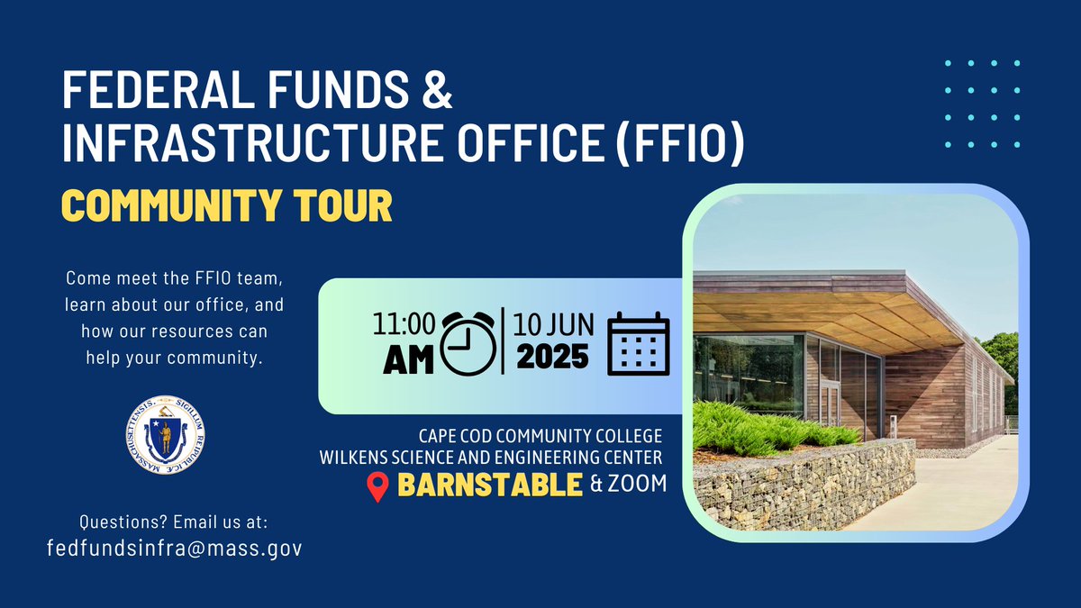 MassFFandInfra's tweet photo. Municipal &amp; community leaders on the Cape! 📢 Join FFIO Director Quentin Palfrey and
@MassDOT tomorrow, 6/10 in Barnstable to hear how the Healey-Driscoll Administration can help advance your community's local #infrastructure projects.   

RSVP here: https://t.co/JlGdtIiznL https://t.co/RNr5U7gxaN