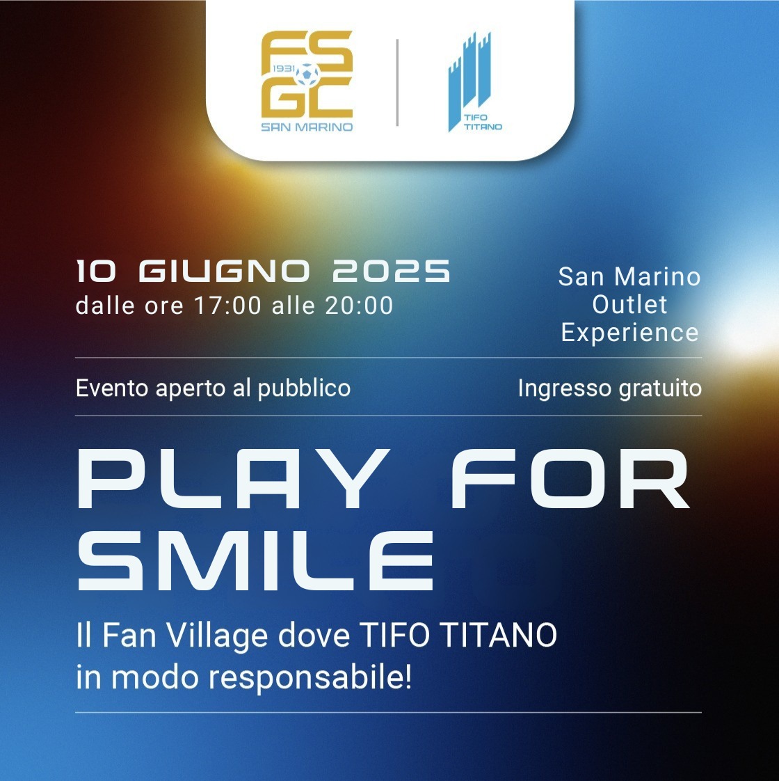 🤪 | sei pronto a divertirti al Fan Village organizzato dalla FSGC? Ti aspettiamo questo pomeriggio dalle 17:00 alle 20:00, con una serie di attività per giocare col sorriso!

#FanVillage #PlayForSmile
