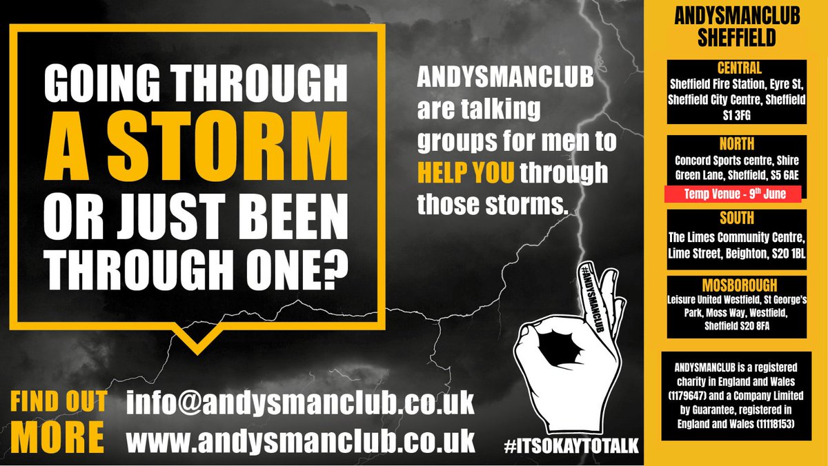 Sheffield MH Guide (@sheffmhg) on Twitter photo 📣Important Update — Andy's Man Club TONIGHT📣
For tonight only, <a href="/andysmanclubuk/">#ANDYSMANCLUB</a> Sheffield North will be meeting at a temporary venue:
📍 Concord Sports Centre
⌚ 7:00 PM
📅 9th June 2025
(sheffieldmentalhealth.co.uk/services/andys…) 📣Important Update — Andy's Man Club TONIGHT📣
For tonight only, <a href="/andysmanclubuk/">#ANDYSMANCLUB</a> Sheffield North will be meeting at a temporary venue:
📍 Concord Sports Centre
⌚ 7:00 PM
📅 9th June 2025
(sheffieldmentalhealth.co.uk/services/andys…)
