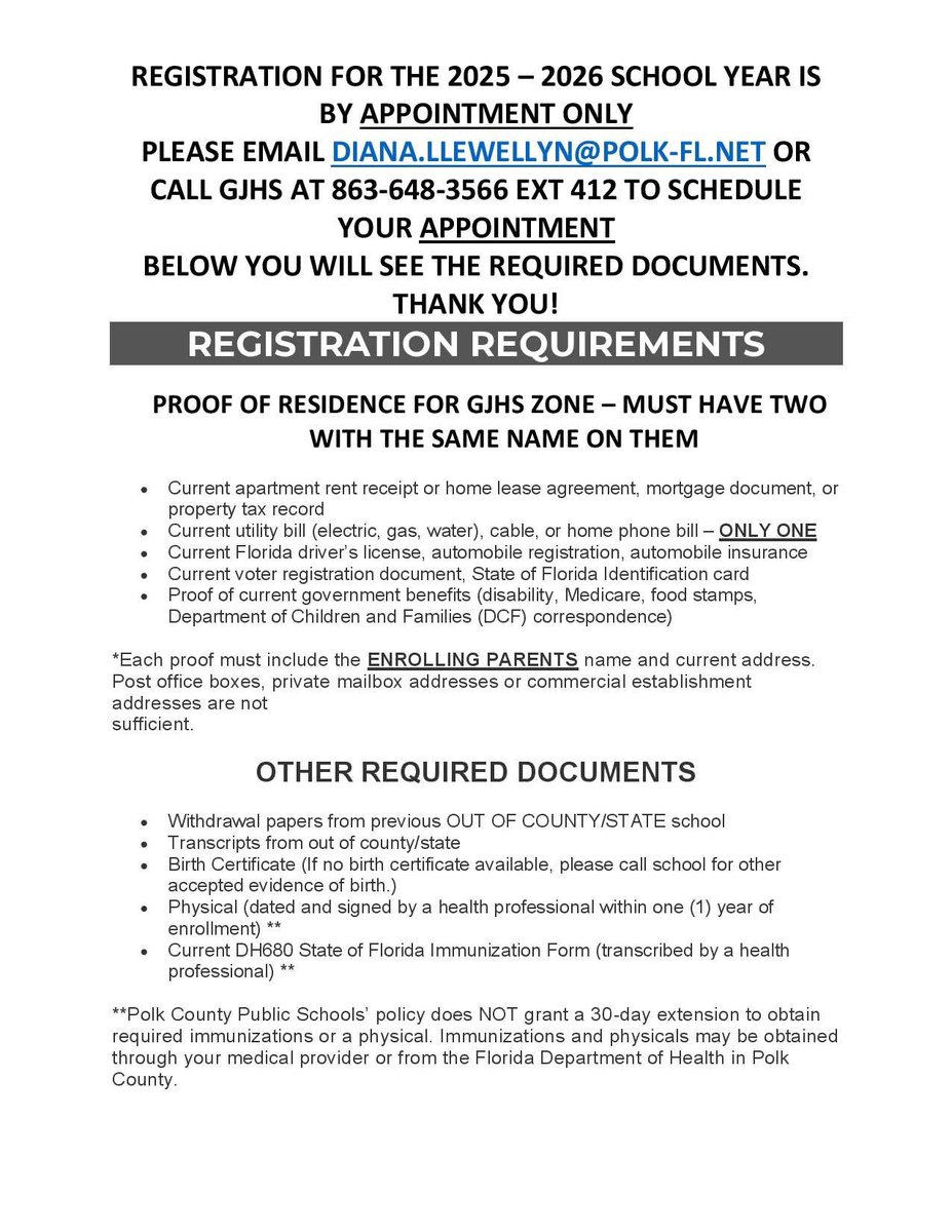 George W. Jenkins High School (@georgejenkinshs) on Twitter photo Please note that new student registration for the 2025-2026 school year is by appointment only. Please email diana.llewellyn@polk-fl.net or call GJHS at 863-648-3566 ext 412 to schedule your appointment.
Also, please note the requirements below for enrollment. Please note that new student registration for the 2025-2026 school year is by appointment only. Please email diana.llewellyn@polk-fl.net or call GJHS at 863-648-3566 ext 412 to schedule your appointment.
Also, please note the requirements below for enrollment.