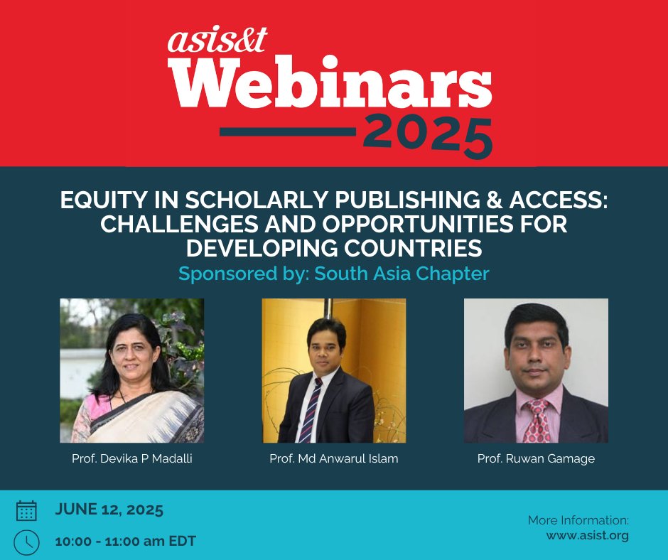 Scholarly publishing remains dominated by institutions and practices that often marginalize voices from developing regions. Join us June 12 to explore challenges, opportunities &amp; solutions for equitable access and representation.

Register: asist.org/meetings-event…