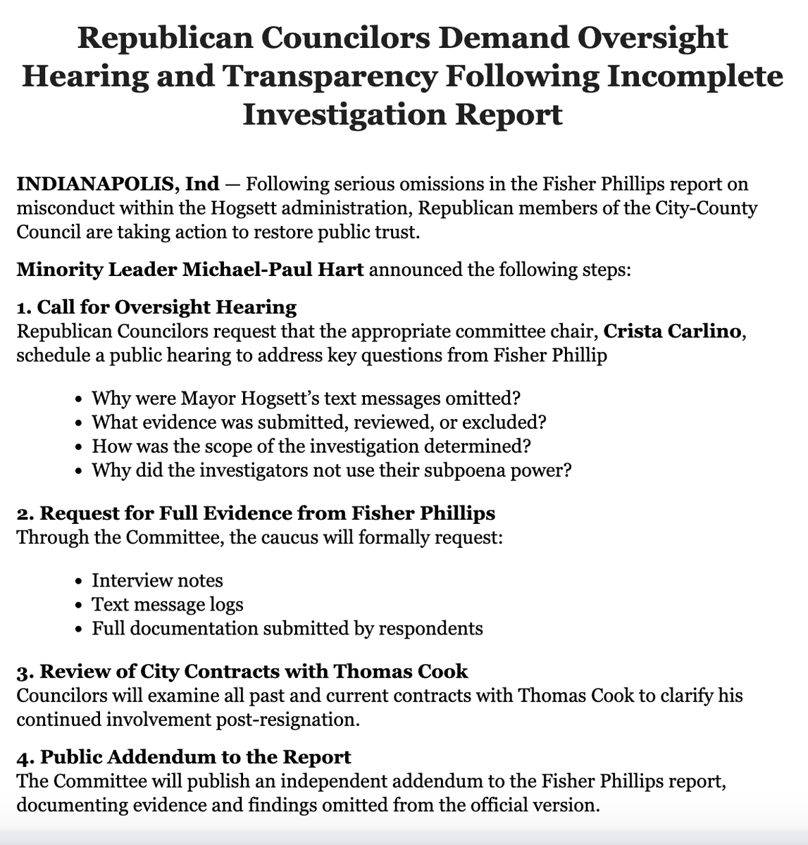 New: All six Republicans on Indianapolis City-County Council are calling for oversight hearings after an investigative report into the Hogsett administration's handling of sexual harassment allegations left out important details