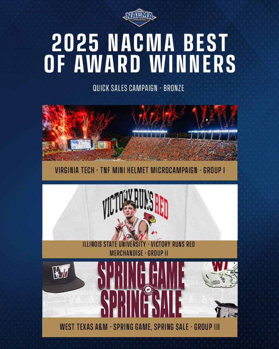 Congratulations to our 2024-25 NACMA "Best Of" Awards Bronze Winners for Quick Sales Campaign!

Group I – <a href="/hokiesports/">HokieSports</a>
Group II – <a href="/ISURedbirds/">Illinois State Athletics</a>
Group III – <a href="/WTAMUBuffs/">West Texas A&M Athletics</a>

#NACMA25