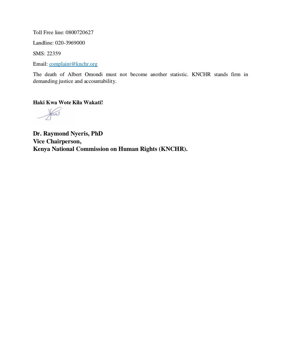 STATEMENT ON THE INVESTIGATIONS OF ALBERT OMONDI’S DEATH IN POLICE CUSTODY
Today, <a href="/HakiKNCHR/">KNCHR</a> officials visited City Mortuary &amp; observed Omondi’s body bore visible injuries to the face, both hands &amp; the back of the head. The head is also swollen with blood on his mouth &amp; nose.
1/2