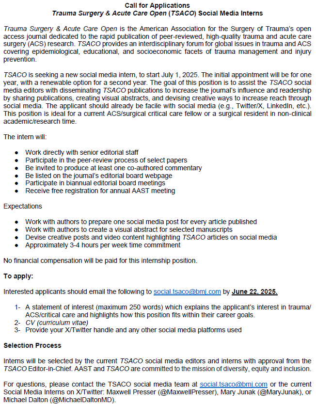 Trauma Surgery & Acute Care Open (TSACO) (@tsaco_aast) on Twitter photo 🚨 Call for applications for the social media team 🚨
We're now taking applications for the next cycle of <a href="/TSACO_AAST/">Trauma Surgery & Acute Care Open (TSACO)</a> social media interns. An early opportunity for residents/fellows to shape the field of trauma/ACS with leaders in the field.
Due June 22 - details below: 🚨 Call for applications for the social media team 🚨
We're now taking applications for the next cycle of <a href="/TSACO_AAST/">Trauma Surgery & Acute Care Open (TSACO)</a> social media interns. An early opportunity for residents/fellows to shape the field of trauma/ACS with leaders in the field.
Due June 22 - details below: