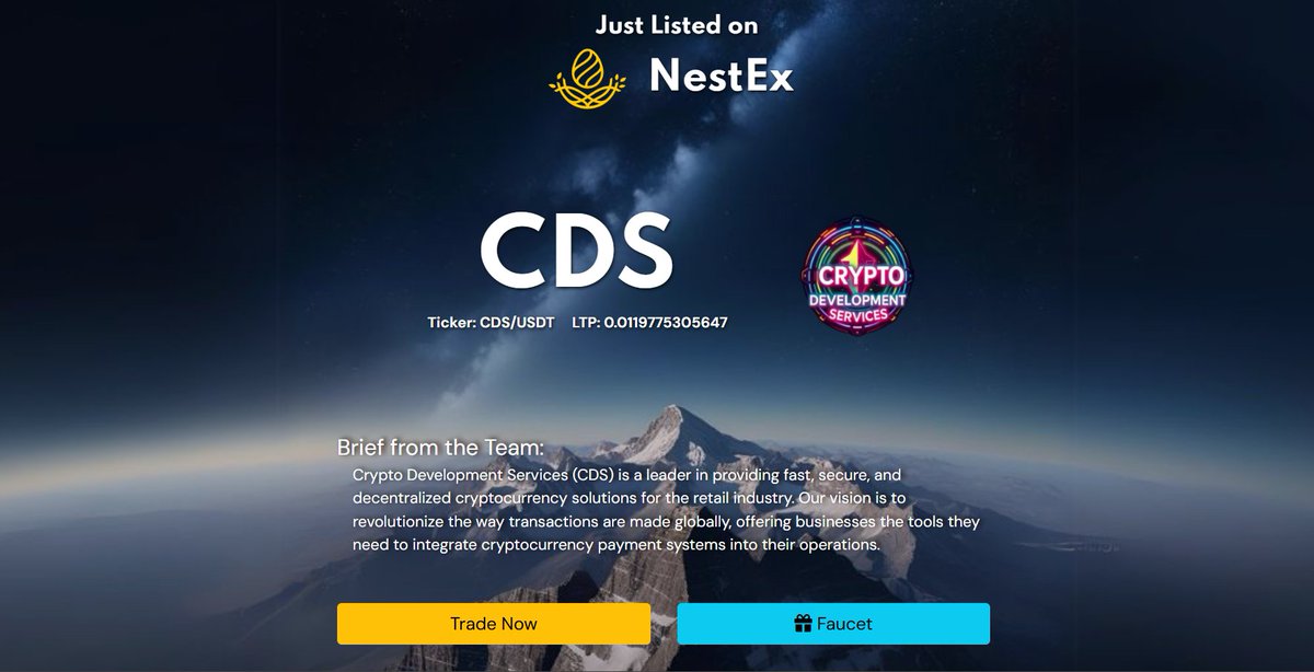 NestEx (@nestex_one) on Twitter photo <a href="/CryptoDevCDS/">Crypto Development Services</a>
$CDS is now officially listed on #NestEx
Trading pair: CDS/USDT
Link: trade.nestex.one/spot/CDS
Crypto Development Services (CDS) is a leader in providing fast, secure, and decentralized cryptocurrency solutions for the retail industry. Our vision is to <a href="/CryptoDevCDS/">Crypto Development Services</a>
$CDS is now officially listed on #NestEx
Trading pair: CDS/USDT
Link: trade.nestex.one/spot/CDS
Crypto Development Services (CDS) is a leader in providing fast, secure, and decentralized cryptocurrency solutions for the retail industry. Our vision is to