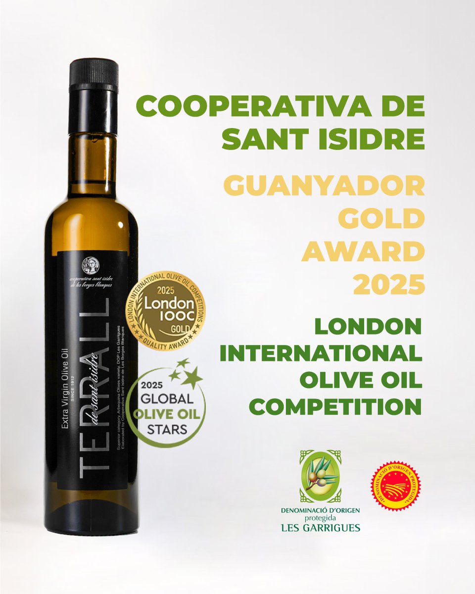 DOPLesGarrigues's tweet photo. L’oli d’oliva verge extra amb DOP Les Garrigues Terrall, de la Cooperativa Sant Isidre de les Borges Blanques ha guanyat la medalla d’or al London IOOC 2025.

Un guardó que reconeix la feina ben feta.

Enhorabona! 👏🏻

(...) https://t.co/I1Oyfhojfw