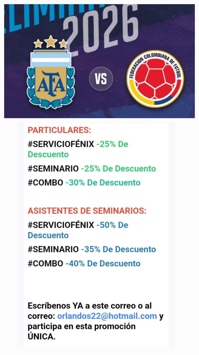 Orlando Santiago FÉNIX VALOR (@orlandosjfenix) on Twitter photo 🚨ATENCIÓN🚨
Si no acertaste , aqui va OTRA #OPORTUNIDAD de DESCUENTO🇦🇷 💪💲
El próximo 9 de Junio juega la <a href="/FCFSeleccionCol/">Selección Colombia</a> vs <a href="/Argentina/">🇦🇷 Selección Argentina ⭐⭐⭐</a>
Solo debes decirnos si Colombia.
✔️GANA
🔃EMPATA
⛔️PIERDE
Ysi aciertas te ganas descuentos del 25% al 50%
Inf: orlandos22@hotmail.com 🚨ATENCIÓN🚨
Si no acertaste , aqui va OTRA #OPORTUNIDAD de DESCUENTO🇦🇷 💪💲
El próximo 9 de Junio juega la <a href="/FCFSeleccionCol/">Selección Colombia</a> vs <a href="/Argentina/">🇦🇷 Selección Argentina ⭐⭐⭐</a>
Solo debes decirnos si Colombia.
✔️GANA
🔃EMPATA
⛔️PIERDE
Ysi aciertas te ganas descuentos del 25% al 50%
Inf: orlandos22@hotmail.com