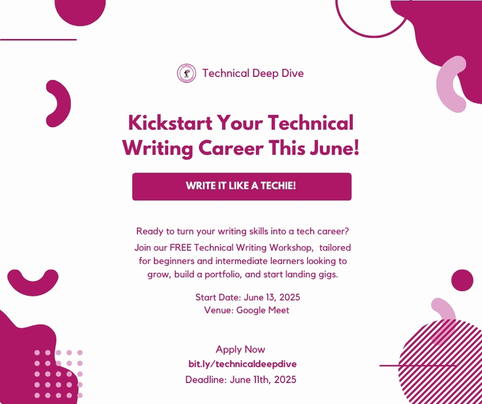 Wanna write docs and get paid in dollars?

Say less. Join our FREE 1-month Technical Writing Workshop (Starts June 13).

Learn. Write. Build your portfolio.
Beginners + intermediates welcome.

🚨 Limited slots. Apply now → bit.ly/technicaldeepd…
