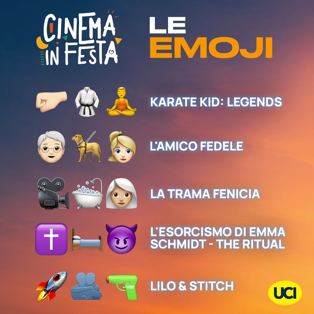 Qual è il film che sceglierai di andare a vedere oggi per #CinemaInFesta? ✨
Lasciati ispirare dalle emoji, ognuna racconta un dettaglio sui film in programmazione! 🍿🎬
Ti aspettiamo, dall'8 al 12 giugno dove tutti i film saranno a soli 3,50 euro!

+1 euro se acquisti online.