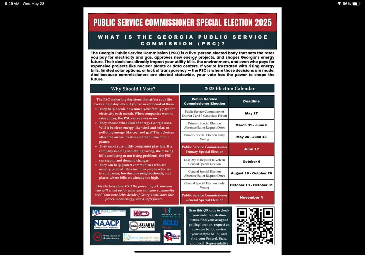 Reach4Wellness's tweet image. Alright my Ga. Folks if you think you electric and gas bills are going up too rapidly? You have a major election going on right now and only 0.5% ( 35,000 out of 7.4M voters) have voted. This is the last week of early voting and Election Day is June 17th! PSC position! VOTE!