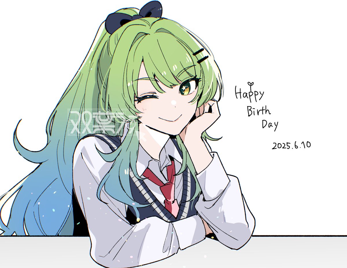 eichi_teacher's tweet photo. 誕生日です～🎂🌱今年もありがたいことに綾野おとせんせーに双葉のポニテ制服衣装の誕生日イラスト書いてもらったので自慢させてくださいうれしいかわいい～💚💙

今年は去年と同じく楽しくモデリングしつつまた作業配信できたらいいなと思っています😇 https://t.co/ODfZMlD4PR