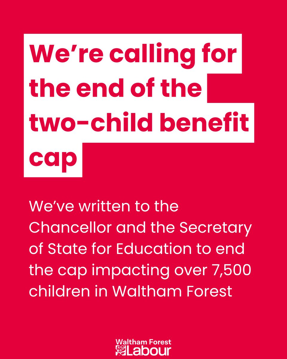 Waltham Forest Labour (@wflabourparty) on Twitter photo Ahead of the Spending Review, we have written to <a href="/RachelReevesMP/">Rachel Reeves</a> and <a href="/bphillipsonMP/">Bridget Phillipson</a> making the case for the end of the two-child benefit cap.
The cap currently impacts over 7,500 children in Waltham Forest. 🧒🧒🧒 Ahead of the Spending Review, we have written to <a href="/RachelReevesMP/">Rachel Reeves</a> and <a href="/bphillipsonMP/">Bridget Phillipson</a> making the case for the end of the two-child benefit cap.
The cap currently impacts over 7,500 children in Waltham Forest. 🧒🧒🧒