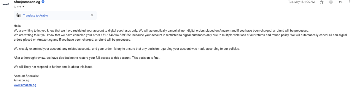 Abanoub7ares's tweet photo. Any help here #amazonEgypt has restricted my account to only digital purchases!
And this procedure isn't fair after proving that I was right and my refund was processed successfully, so why are you still restricting my account?
@CpaEgypt 
I need help!
@amazon @AmazonEG https://t.co/NQwpJBQbnF
