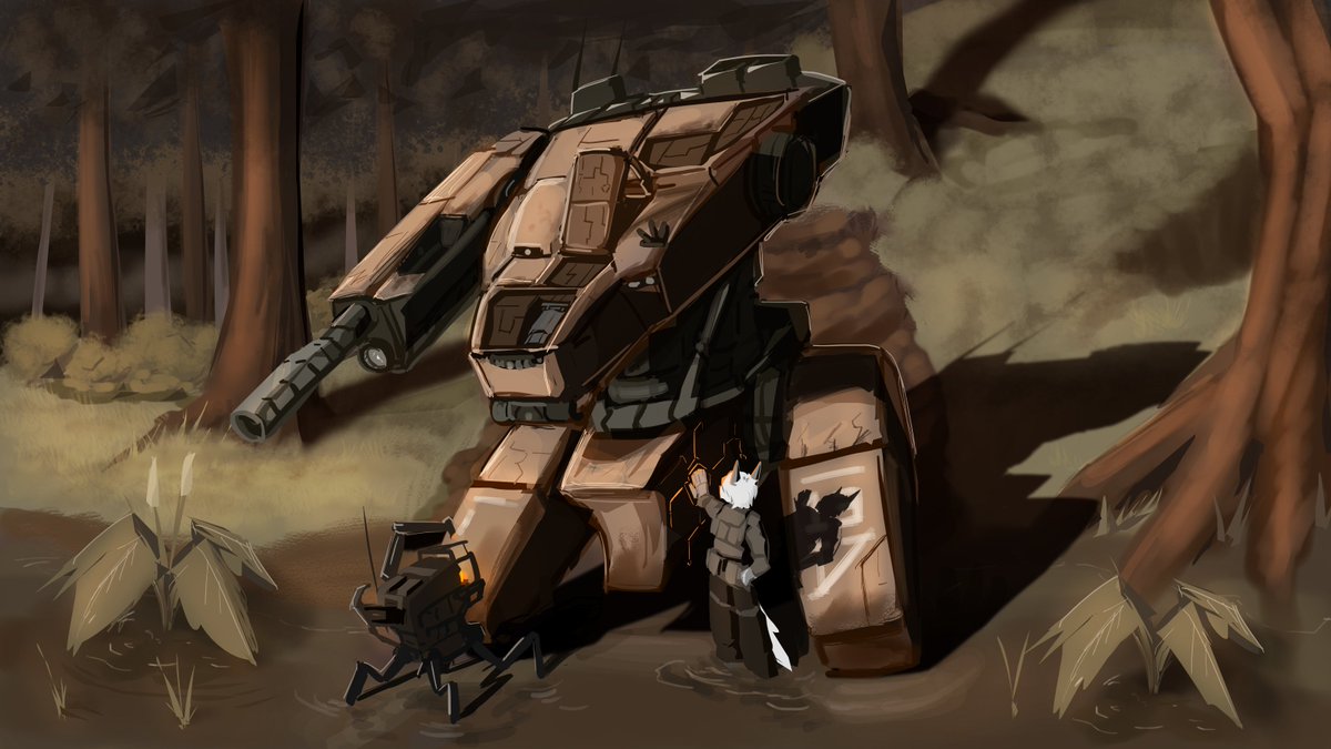 Here is painting of Corthi fixing salvaging a destroyed Mark 1 Warden Combat walker prototype