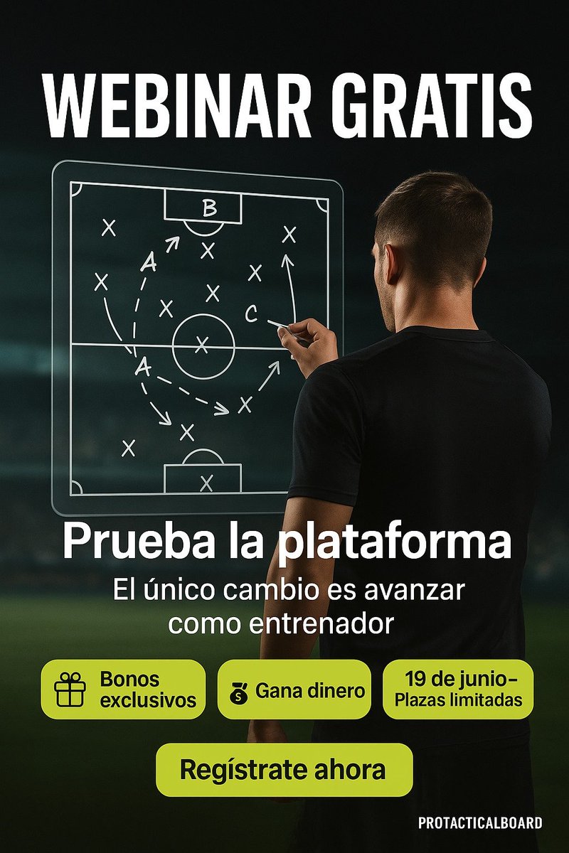 📢 Webinar GRATIS para entrenadores
📅 19 de junio – Plazas limitadas
🎁 Bonos exclusivos
💸 Gana dinero
⚽ Vas a crecer como entrenador

👉 Apúntate aquí: protacticalboard.es