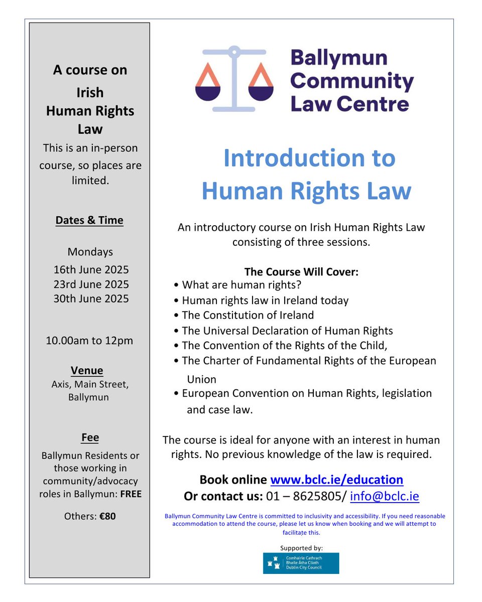 Dublin Northwest Partnership (DNP) (@dnpartnership) on Twitter photo Ballymun Community Law Centre are offering a course on "Introduction to Human Rights Law"
Starting next Monday
Axis, Main Street, Ballymun
Further info and booking details are on the flyer attached.
<a href="/Ballymun_Law/">Ballymun Community Law Centre</a> #ballymun #community Ballymun Community Law Centre are offering a course on "Introduction to Human Rights Law"
Starting next Monday
Axis, Main Street, Ballymun
Further info and booking details are on the flyer attached.
<a href="/Ballymun_Law/">Ballymun Community Law Centre</a> #ballymun #community