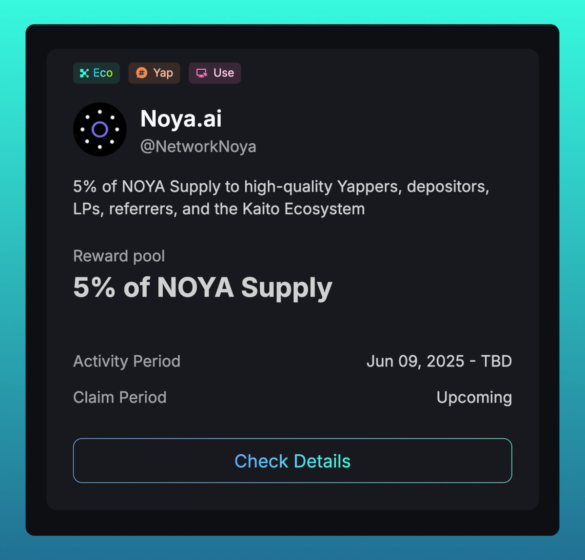 .<a href="/NetworkNoya/">NOYA.ai</a> newly added on Kaito Earn!

With their Yapper Leaderboard coming soon:

They are allocating 5% of token supply to high-quality Yappers, depositors, LPs, referrers, and the Kaito eco.

1% of the 5 going specifically to the Kaito eco, with boosts from product usage!