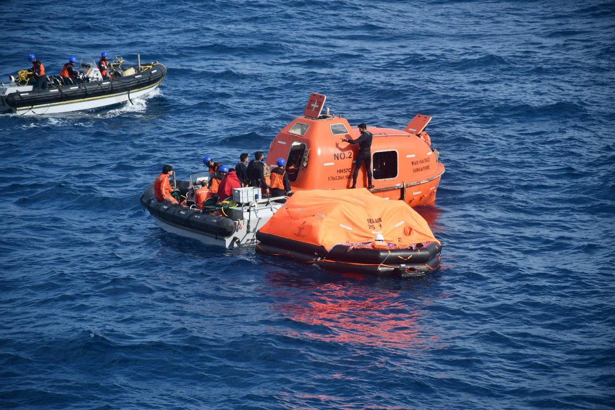 AdityaRajKaul's tweet photo. Search And Rescue Ops - MV Wan Hai 503

Indian Navy Rescues 18 Crew Members

Indian Navy in a closely coordinated Search And Rescue operation with the Coast Guard, DG Shipping and other stakeholders, has safely rescued 18 out of 22 crew members Singaporean Flagged MV Wan Hai 503. The MV had reported internal container explosion and resultant major fire onboard.

The inputs of the incident were received at IFC IOR at about 0930 hr on 09 Jun 25. INS Surat and a Dornier aircraft were immediately deployed by the Indian Navy to render necessary assistance, and at about 1630 hr, 18 out of 22 crew members were safely rescued by _Surat_ .

First aid has been rendered to the injured crew members and the ship is presently proceeding to New Mangalore for disembarkation and further medical management.