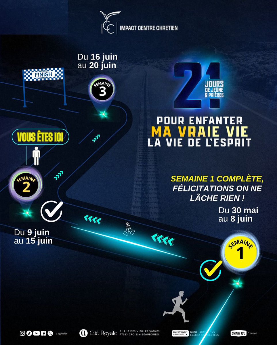 *Nous sommes à notre deuxième semaine des 21 jours de jeûne &amp; prières.🔥*

Gloire à DIEU qui nous a fortifié jusque-là 🙌🏽

Prends courage, nous y sommes presque 😉

 Nous poursuivons notre programme de prière : 
- 📍🌐 Du lundi au vendredi à partir de 19h30 en présentiel à la