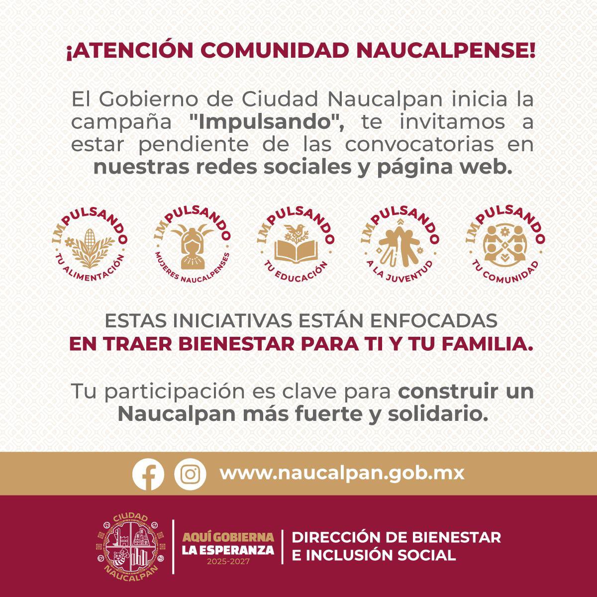 GobNau's tweet photo. 🤝El Gobierno de Naucalpan pone en marcha la campaña #Impulsando, con acciones que llevan bienestar directo a tu hogar.
📌 Programas enfocados en:
🌾 Alimentación
👩🦳 Mujeres naucalpenses
📚 Educación
🧑🎓 Juventud
🤝 Comunidad https://t.co/UNbSFQlBzw