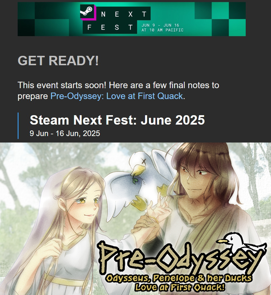 ✨It’s happening!✨
Pre-Odyssey: Love at First Quack is part of Steam Next Fest! 🦆
Never been so ready! (Okay... maybe a little OMG 😂)
#OtomeGame #VisualNovel #SteamNextFest #IndieDevs