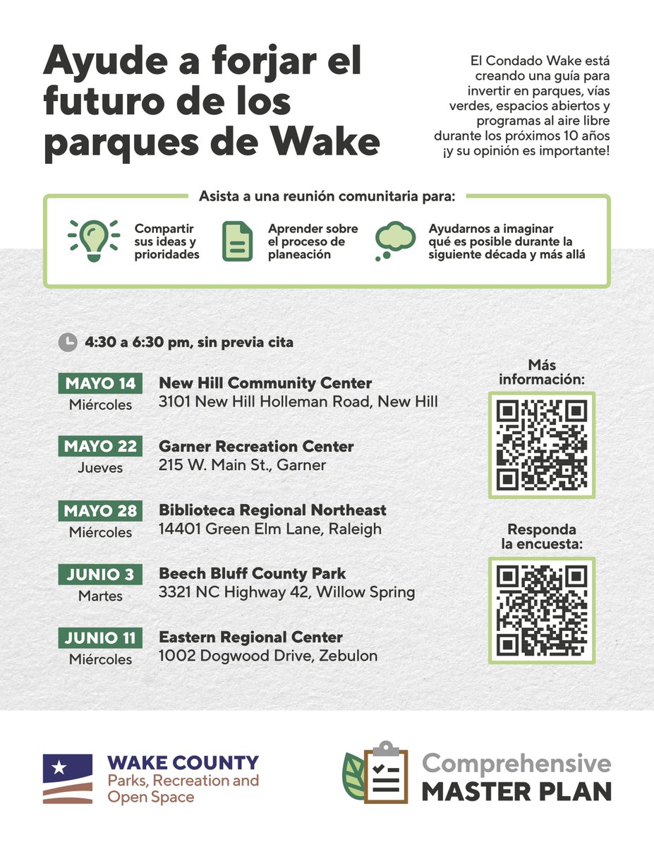 🌳 Want to help shape the future of Wake County parks? Now is your chance.

The Eastern Regional Center in Zebulon will host a community meeting on June 11 for Wake County's 1—year roadmap for park spaces. The meeting will be between 4:30 PM and 6:30 PM, drop in anytime!
