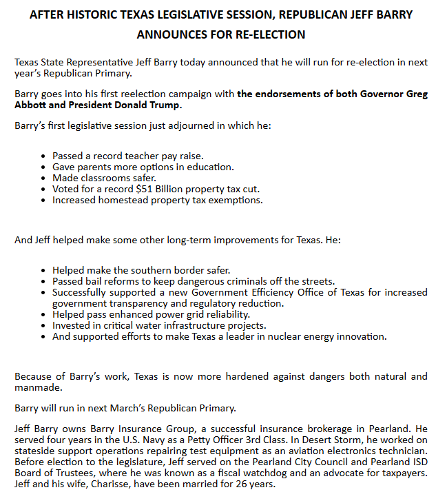 bradj_TX's tweet photo. Inbox: @JeffBarryforTX announces re-election run in #HD29. #txlege https://t.co/2CzSP60WaC