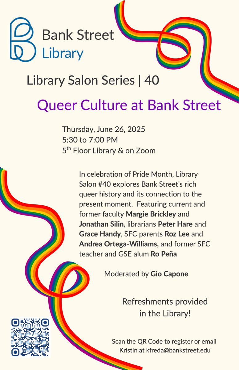 @bankstreetlibrary.bsky.social (@bankstreetlib) on Twitter photo 🏳️⚧️🏳️🌈 Join us for Library Salon #40 on Thursday, June 26! Hear about Bank Street's long queer history from community members. In-person or online, 5:30-7PM, refreshments provided🍷🧀. Register here: shorturl.at/Gzaw3
<a href="/bankstreetedu/">Bank Street College</a> <a href="/sfc_bankstreet/">Bank Street School for Children</a>
#BankStreet #PrideMonth 🏳️⚧️🏳️🌈 Join us for Library Salon #40 on Thursday, June 26! Hear about Bank Street's long queer history from community members. In-person or online, 5:30-7PM, refreshments provided🍷🧀. Register here: shorturl.at/Gzaw3
<a href="/bankstreetedu/">Bank Street College</a> <a href="/sfc_bankstreet/">Bank Street School for Children</a>
#BankStreet #PrideMonth
