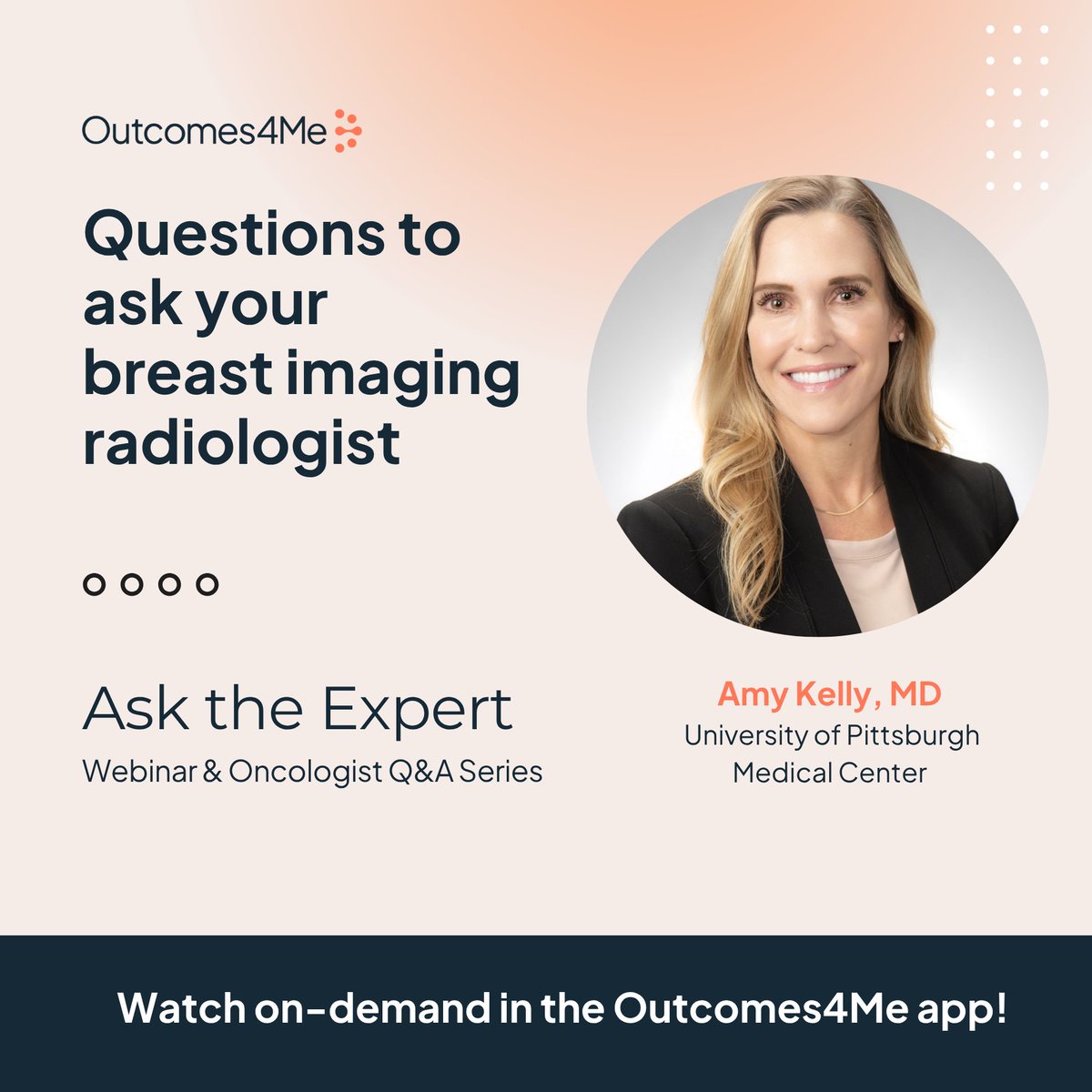 outcomes4me's tweet image. Our full webinar discussion with Dr. Amy Kelly is now available on-demand in the Outcomes4Me app 👉 bit.ly/43ZZo4F Tune in & understand the nuances of screening guidelines, #densebreasts, & different screening mechanisms.
#breastimagingradiologist #cancersupport