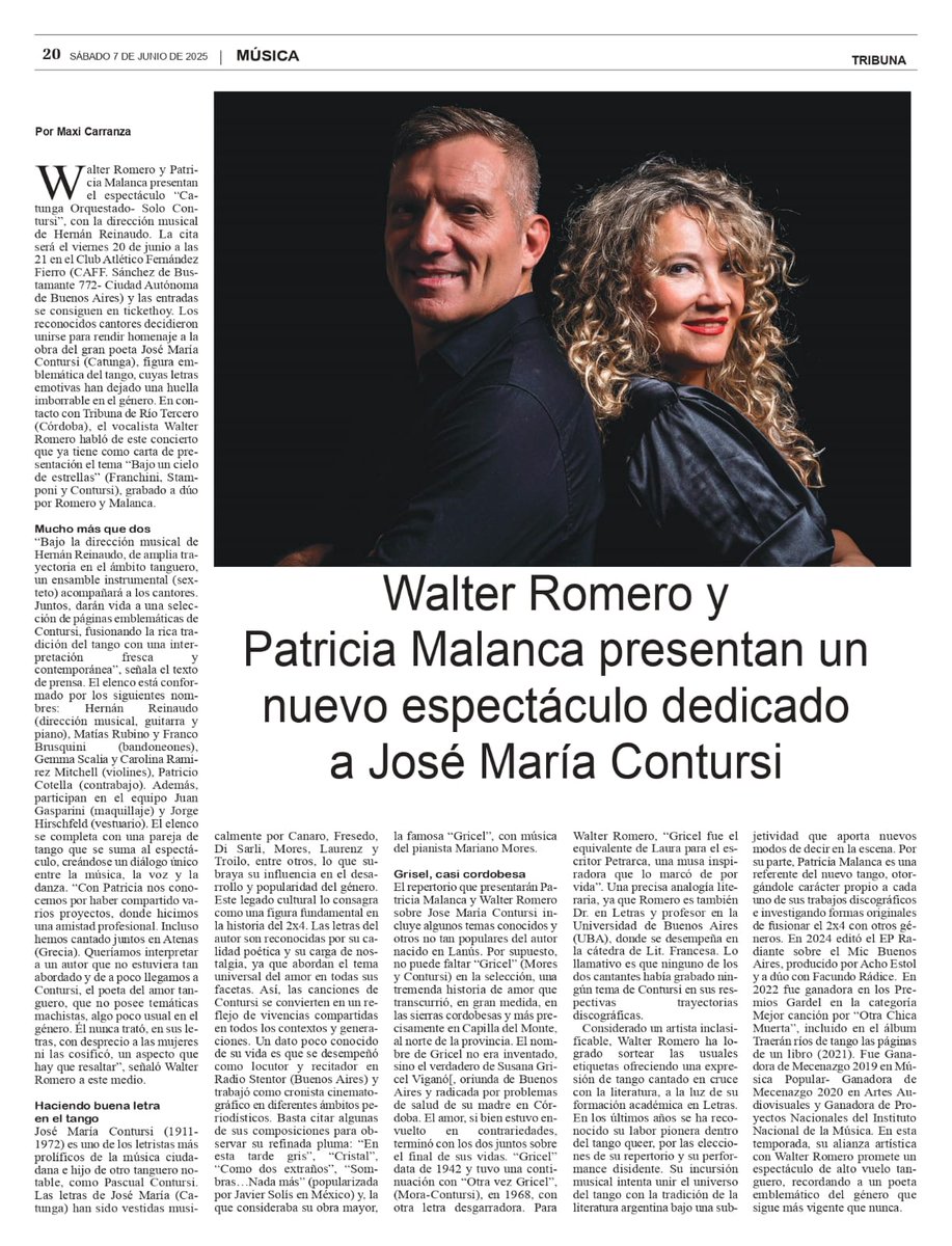 CATUNGA ORQUESTADO. Solo Contursi. Nota en el Periódico Tribuna por Maxi Carranza. 
.
Viernes 20 de Junio. CAFF. Junto al Sexteto dirigido por Hernán Reinaudo y Walter Romero.
.
Prensa Ana Garland